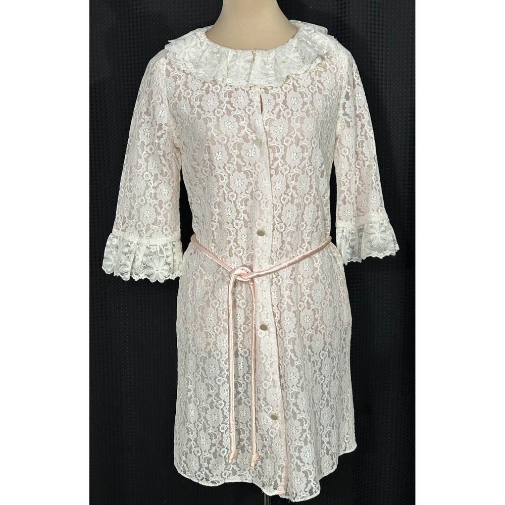 Vintage 50s Sheer Floral Lace Overlay Peignoir Robe Bed Jacket Small